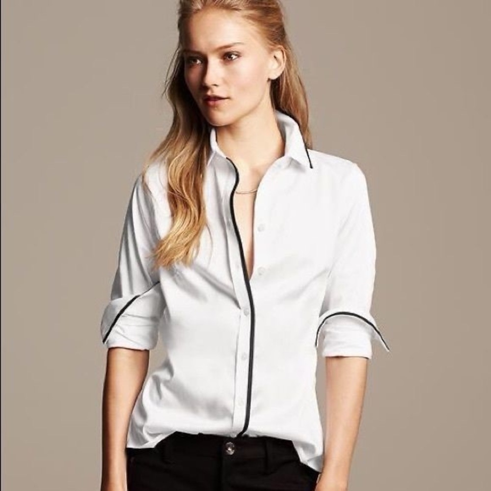 Banana Republic White Tailored Fit Shirt Collared
Button Down w/Black Trim-Sz 2P